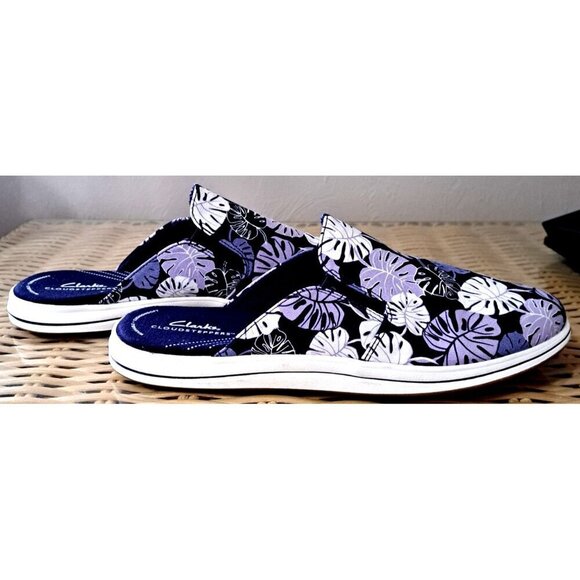 Clarks CloudSteppers Women's 12 Breeze Canvas Slip-on Mules Purple Tropical Leaf - Picture 5 of 8